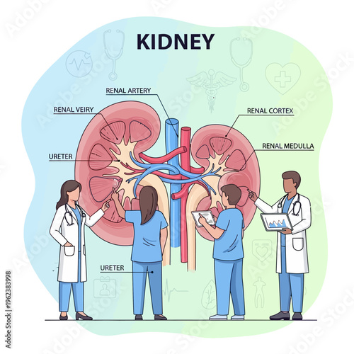 Medical Team Studying Kidney Anatomy Diagram with Doctors and Nurses in a Clinic
