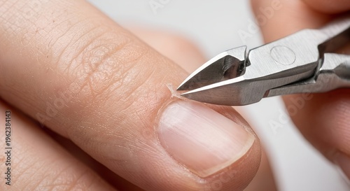 Close-up of a person carefully cutting a hangnail with precision cuticle nippers, representing home manicure, nail hygiene, and self-grooming