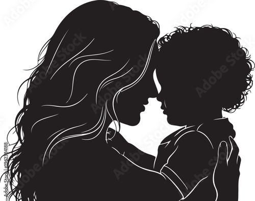 A tender silhouette of a woman embracing a young child in a heartwarming moment isolated on transparent background, Vector