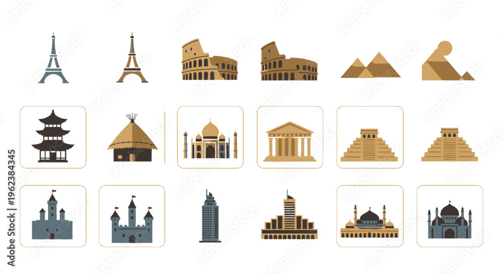 Fototapeta premium Flat lay of various famous landmarks icons in a range of colors on a white background.