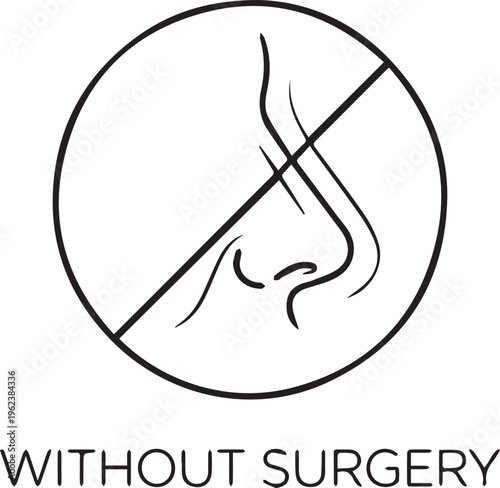 A black and white illustration of a nose with a line through it indicating no surgery is required for rhinoplasty or nose reshaping procedures