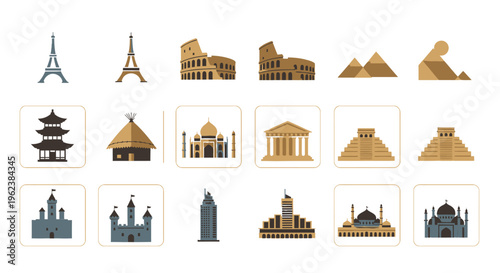 Flat lay of various famous landmarks icons in a range of colors on a white background.