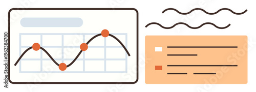 Business analytics, market research, data visualization, performance tracking, trend analysis, and finance overview. A line graph with a report card and graphical elements. Business analytics