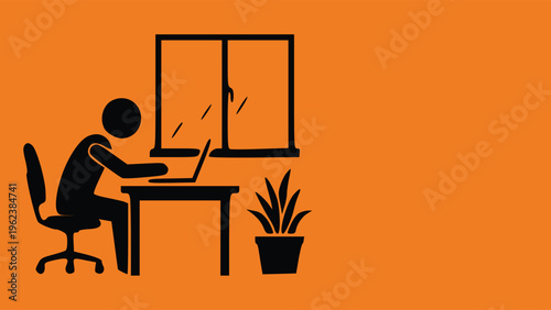 Silhouette of person working on laptop at desk in home office