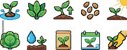 A collection of pixel art icons depicting various stages of plant growth and gardening activities on a white background