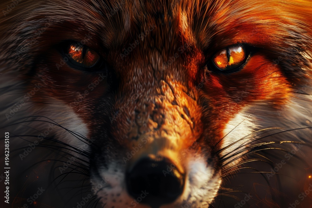 Fototapeta premium Intense close up of a red fox with glowing eyes and fur, creating a dramatic and captivating portrait