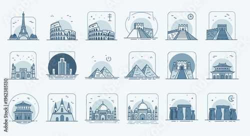 A collection of 20 blue-toned illustrations of famous landmarks and monuments from around the world in square frames on a light blue background.