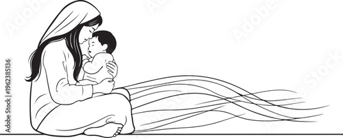 A tender moment of a mother embracing her baby in a serene setting isolated on transparent background, Vector