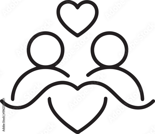A simple line drawing of two people with a heart above and below them symbolizing love and connection between humans