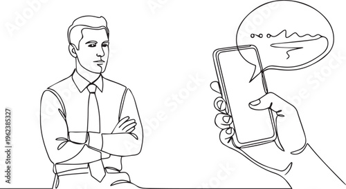 A man with his arms crossed looks on as a hand holds up a smartphone with a frowny face on the screen in a simple line drawing illustration.