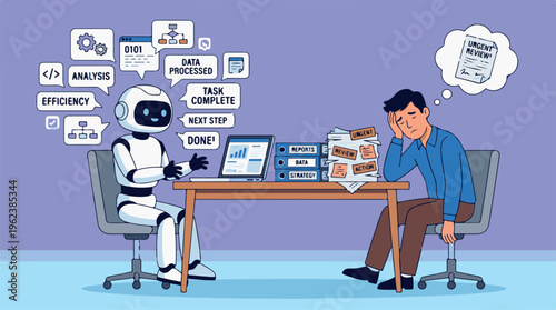 A cartoon illustration of a robot and a man sitting at a desk with a computer and papers looking stressed and overwhelmed with data analysis and processing