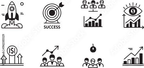 Business strategy line icons.white and black vector set for startup, success, processes, vision, and financial growth concepts..eps
