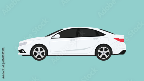 White Sedan car in side view, four door passenger vehicle for transportation, business, urban mobility, and everyday driving concept, ideal for automotive, travel, and road, flat vector illustration
