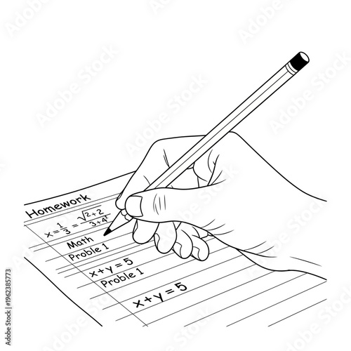 Hand writing math homework with pencil on paper, solving equations