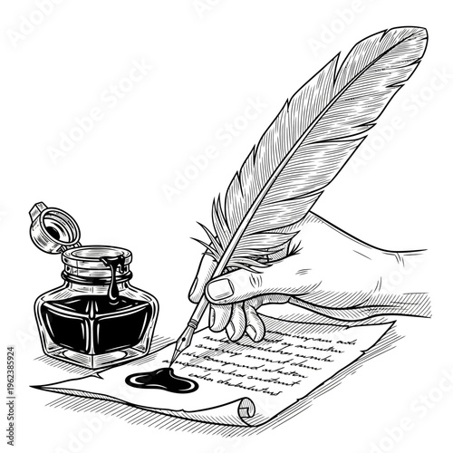 Hand writing with feather quill pen and inkwell on paper, vintage writing concept