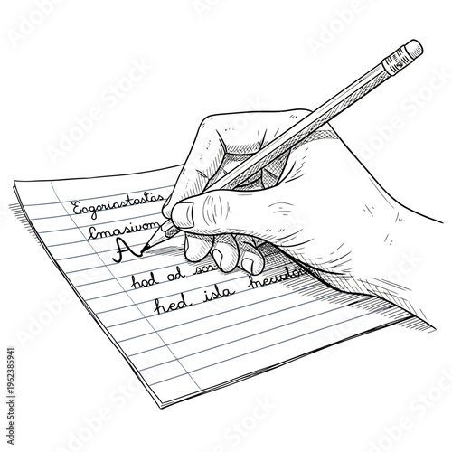 Hand Writing with Pencil on Lined Paper, Close-up, Education, Study, Creativity