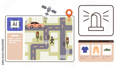 Smart cities, AI technology, autonomous driving, e-commerce, traffic management, navigation systems. AI-integrated map with cars, pedestrians and signals online shopping icons. Smart cities and AI