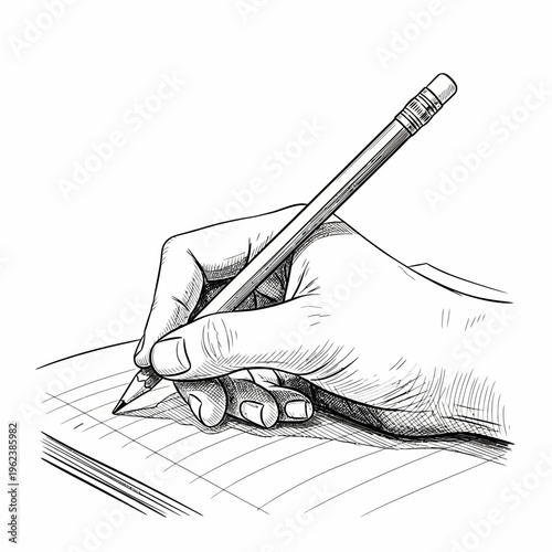 Hand Writing With Pencil On Lined Paper, Close-up Sketch Illustration