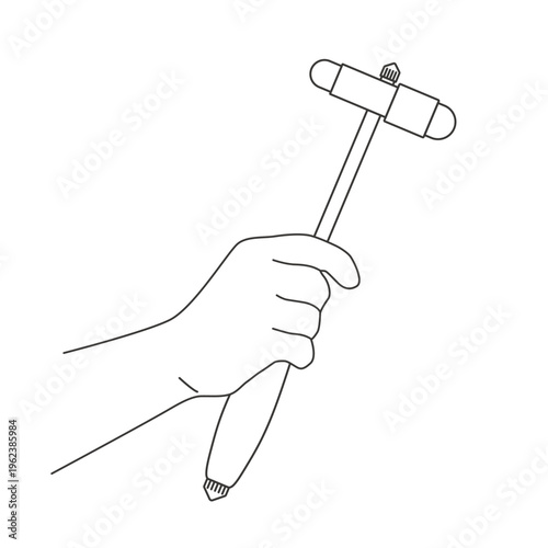 Line doctor hand holding reflex hammer for check tendon reflexes in a neurological testing. Vector professional tool used by neurologists for checking the nerves. Outline icon if instrument for exam