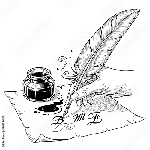 Hand writing with quill pen and inkwell on parchment paper, calligraphy, vintage writing