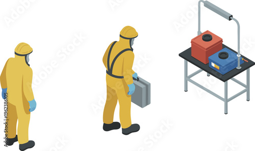 Isometric hazmat workers in protective suits handling hazardous materials with safety equipment industrial chemical protection illustration scene