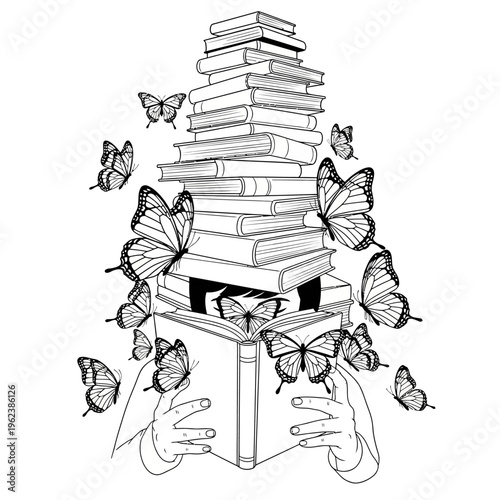 Hands Reading Book with Butterflies Flying Around Stack of Books