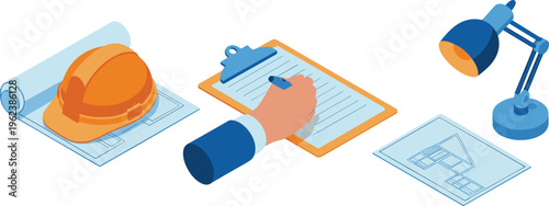 Isometric illustration construction planning workspace with hard hat blueprint clipboard checklist desk lamp architecture engineering project management concept design workflow