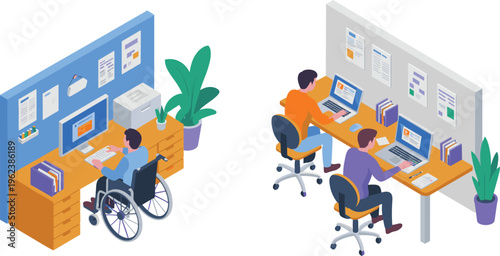 Isometric inclusive office workspace with employees collaborating and disabled worker using computer promoting accessibility diversity teamwork modern business environment