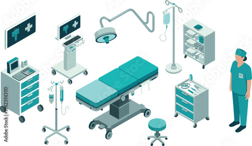 Isometric medical equipment set with operating table surgical tools hospital healthcare technology clinic instruments illustration concept