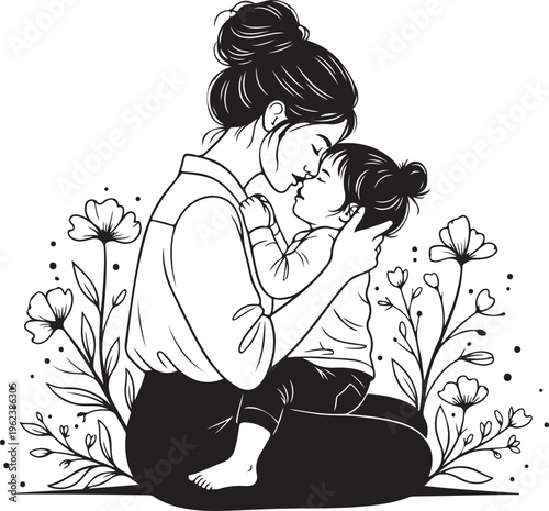A tender moment between mother and child amidst nature’s embrace isolated on transparent background, Vector