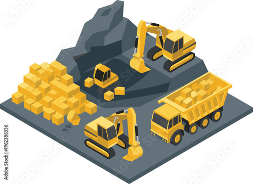 Isometric mining site with excavators and dump truck transporting gold ore, heavy machinery industrial extraction concept, construction and mining illustration