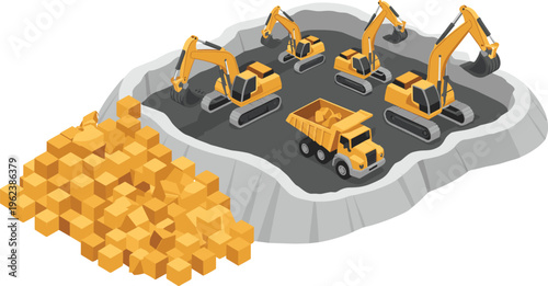 Isometric mining site with multiple excavators and dump truck extracting gold ore, heavy machinery operation in quarry, industrial mining process illustration