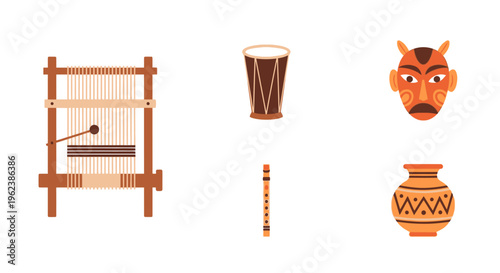 Flat lay of traditional African items including a loom, a cup, a mask, a necklace, and a vase on a white background with earthy tones.
