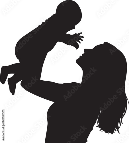 A silhouette of a woman tenderly holding and kissing a child on the forehead isolated on transparent background, Vector