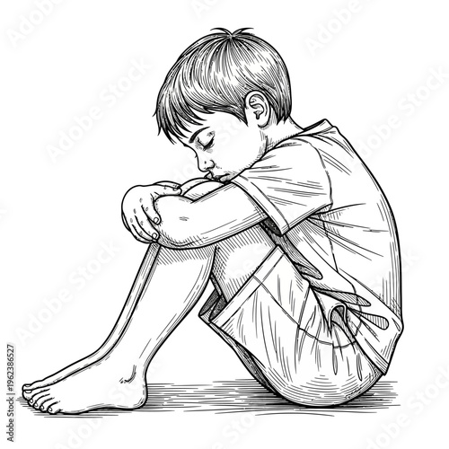 Sad Boy Sitting Alone, Head Down, Feeling Lonely and Depressed