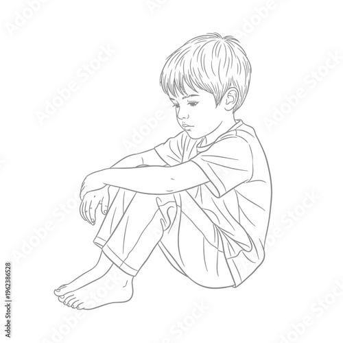 Sad Boy Sitting Alone, Feeling Lonely and Thoughtful