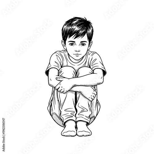 Sad Boy Sitting Curled Up, Feeling Lonely and Isolated
