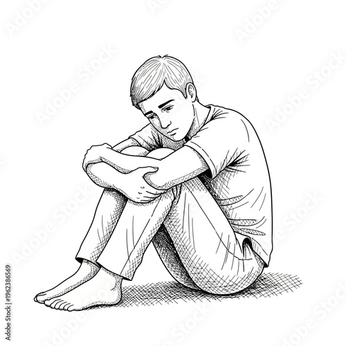 Sad Young Man Sitting Alone, Hugging Knees, Feeling Lonely and Depressed