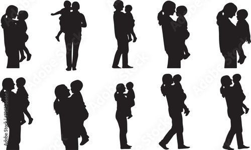 Diverse silhouettes of adults holding children in various affectionate poses isolated on transparent background, Vector