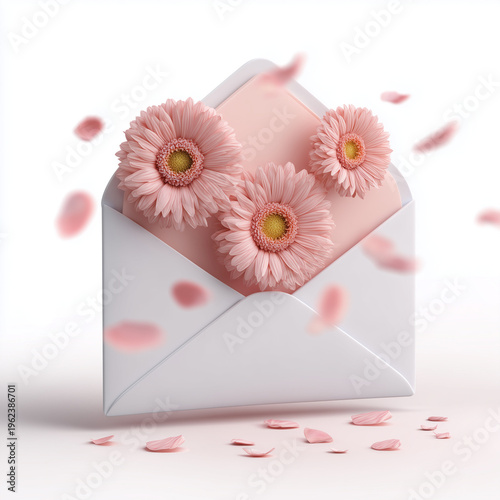 Envelope with Pink Flowers and Falling Petals Romantic Concept