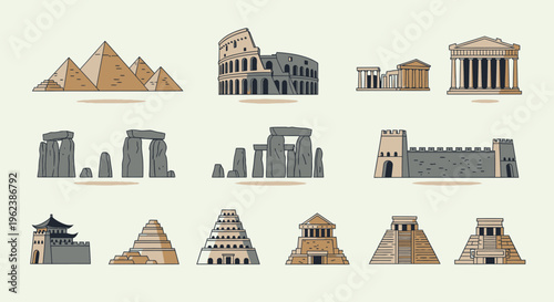 Flat lay illustration of various famous ancient monuments and structures from around the world on a pale background.
