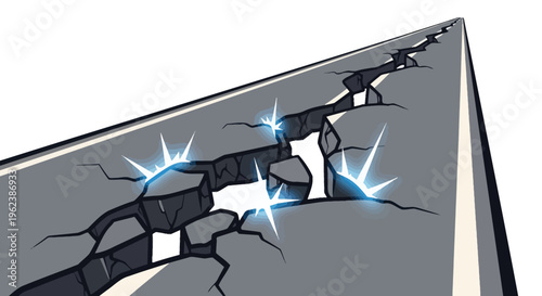 A cartoon illustration of a cracked and broken road with sparkling effects