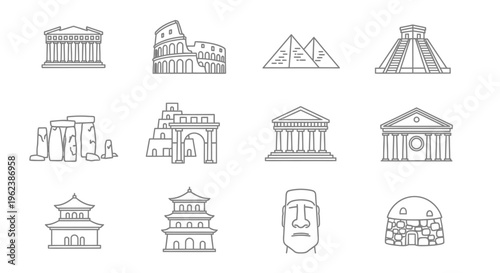 A collection of iconic landmarks and monuments from around the world in simple line drawings on a white background.