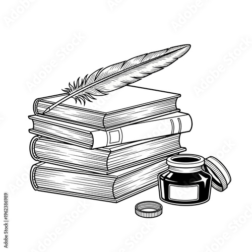 Stack of old books with quill pen and inkwell, vintage writing concept
