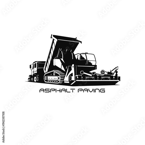 Powerful road construction machinery emblem showcasing a detailed dump truck unloading asphalt into a large paver, symbolizing robust infrastructure development and civil engineering projects