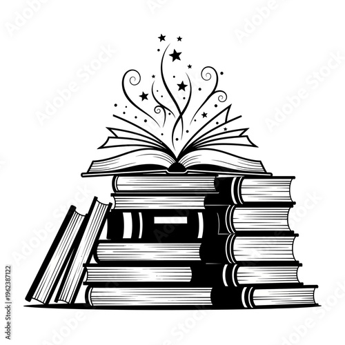 Open Book with Stars and Swirls, Stack of Books, Magic of Reading, Fantasy, Imagination