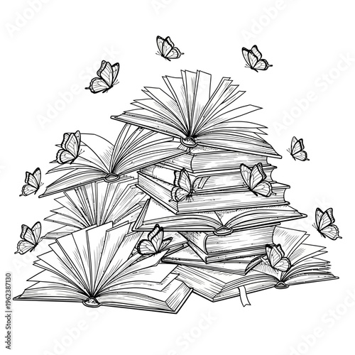 Open Books Stack with Butterflies Flying Around - Knowledge, Imagination, Freedom