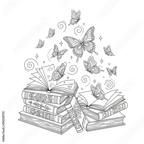 Open books with butterflies flying out, symbolizing imagination, knowledge, and freedom.