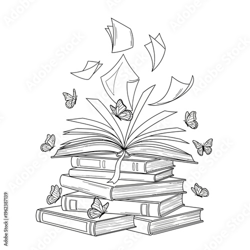 Open book with flying pages and butterflies, symbolizing imagination and knowledge
