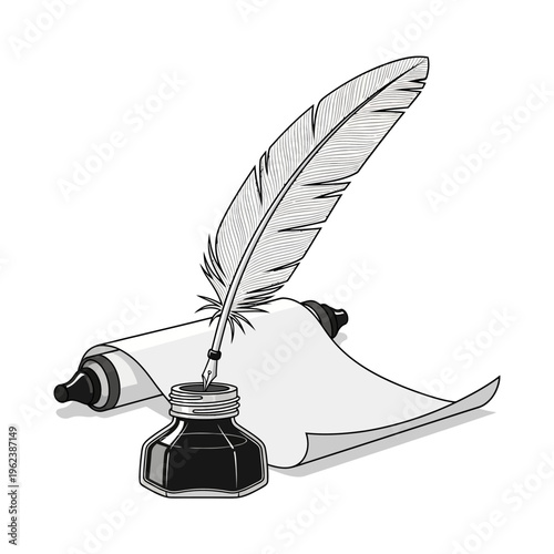 Quill Pen and Inkwell on Scroll - Vintage Writing Concept